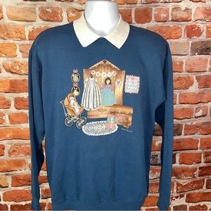 Vintage Victorian Doll Country grandma sweatshirt with collar cat shirt Large